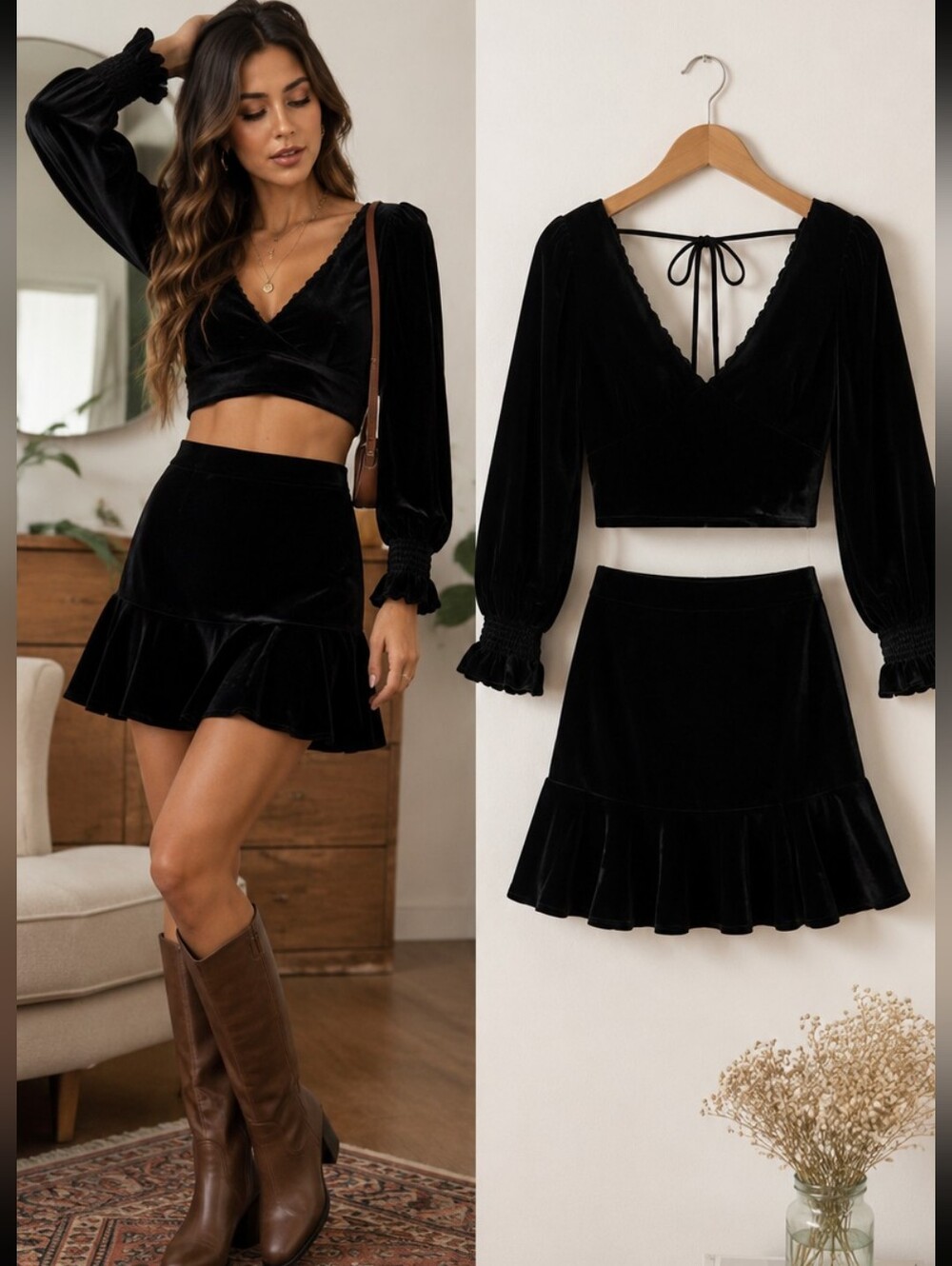 Free People Velvet Two Piece Set Black Size S Smocked Top Mini Skirt